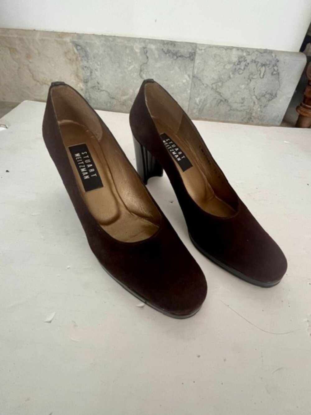 Stuart Weitzman Brown Suede Block Heel Pumps Round Toe Platform Dress Shoes